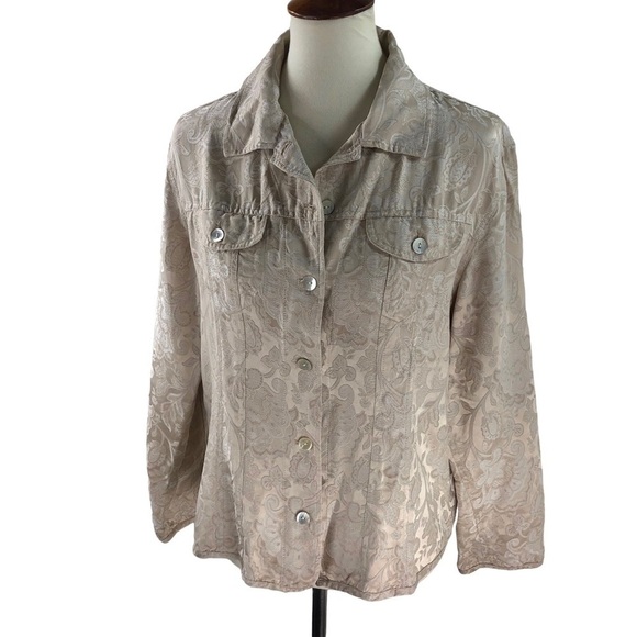 Chico’s Silk Jacket Gold Jacquard Sz 2 Large Lagenlook Classic Minimalist - Picture 8 of 15